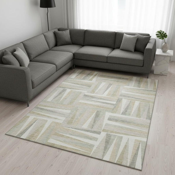 HomeRoots 10' X 14' Washable Ivory and Beige Geometric Area Rug with UV Protection for High-Traffic Homes 679432