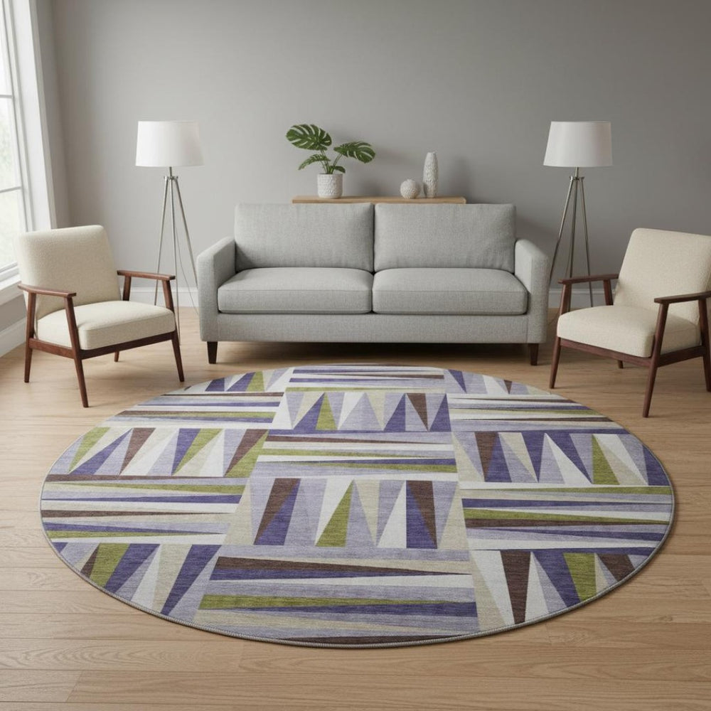 HomeRoots 8' Washable Round Rug in Lavender, Olive Green & Ivory - Durable Geometric Design with UV Protection 679435