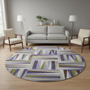 HomeRoots 8' Washable Round Rug in Lavender, Olive Green & Ivory - Durable Geometric Design with UV Protection 679435