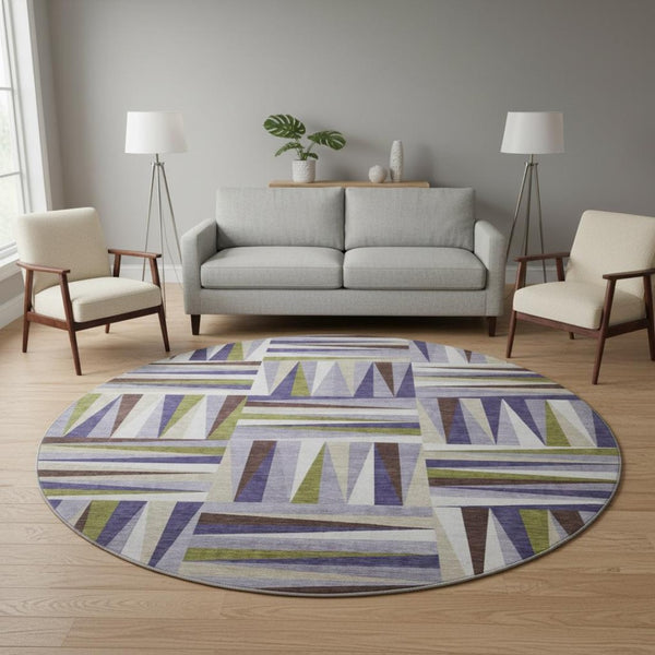 HomeRoots 8' Washable Round Rug in Lavender, Olive Green & Ivory - Durable Geometric Design with UV Protection 679435