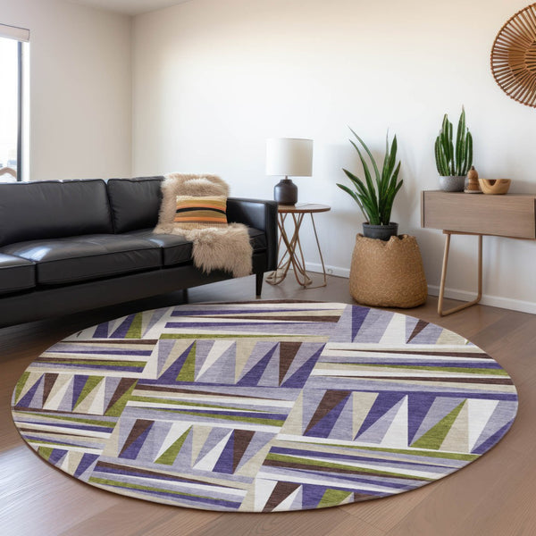 HomeRoots 8' Washable Round Rug in Lavender, Olive Green & Ivory - Durable Geometric Design with UV Protection 679435