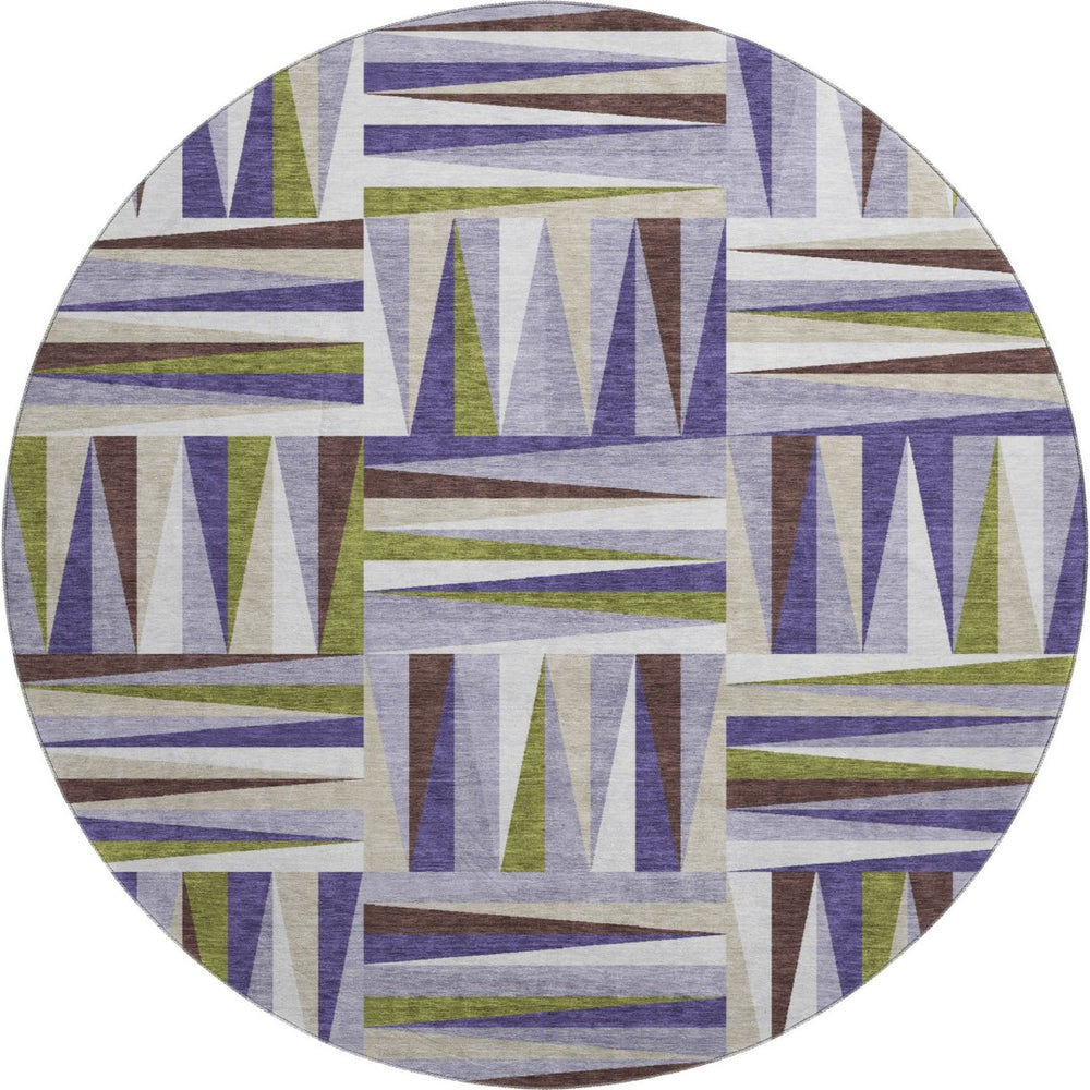 HomeRoots 8' Washable Round Rug in Lavender, Olive Green & Ivory - Durable Geometric Design with UV Protection 679435