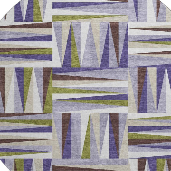 HomeRoots 8' Washable Round Rug in Lavender, Olive Green & Ivory - Durable Geometric Design with UV Protection 679435