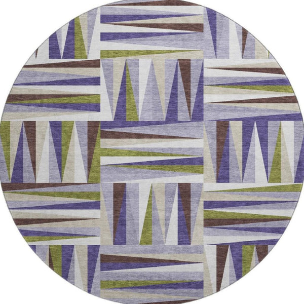 HomeRoots 8' Washable Round Rug in Lavender, Olive Green & Ivory - Durable Geometric Design with UV Protection 679435