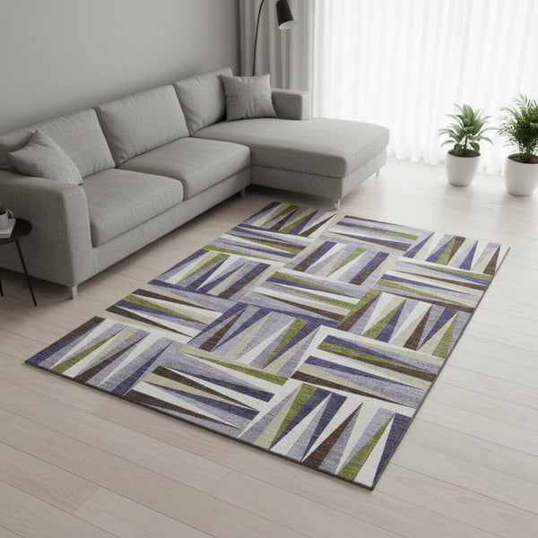 HomeRoots 10' Geometric Area Rug in Lavender, Olive Green & Ivory - Washable, UV Protected & Durable Design 679438