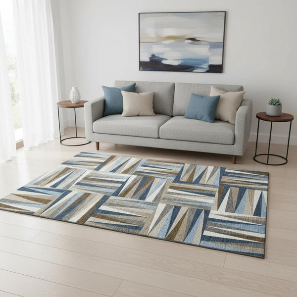 HomeRoots 5' X 8' Navy, Brown & Ivory Geometric Washable Area Rug - Stain Resistant, UV Protected, Durable Design 679440