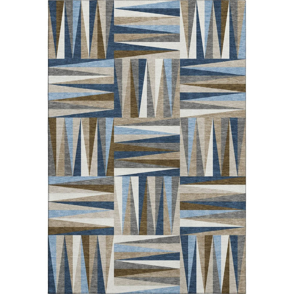 HomeRoots 5' X 8' Navy, Brown & Ivory Geometric Washable Area Rug - Stain Resistant, UV Protected, Durable Design 679440