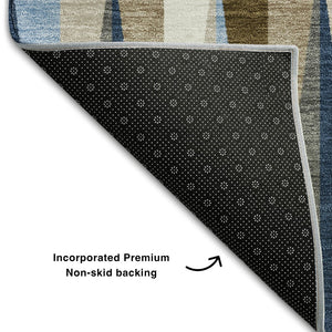 HomeRoots 5' X 8' Navy, Brown & Ivory Geometric Washable Area Rug - Stain Resistant, UV Protected, Durable Design 679440