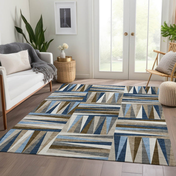 HomeRoots 5' X 8' Navy, Brown & Ivory Geometric Washable Area Rug - Stain Resistant, UV Protected, Durable Design 679440