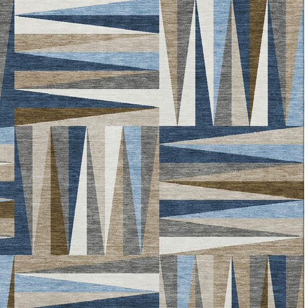 HomeRoots 5' X 8' Navy, Brown & Ivory Geometric Washable Area Rug - Stain Resistant, UV Protected, Durable Design 679440