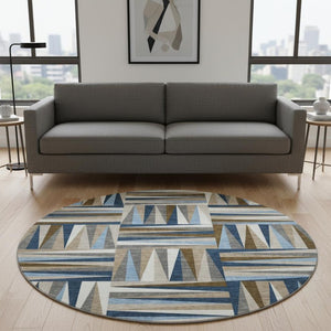 HomeRoots 8' Navy Blue Brown Ivory Geometric Round Rug – Washable, UV Protected, Durable for Homes with Kids & Pets 679441