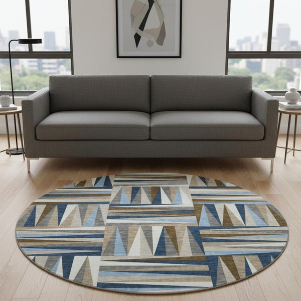 HomeRoots 8' Navy Blue Brown Ivory Geometric Round Rug – Washable, UV Protected, Durable for Homes with Kids & Pets 679441
