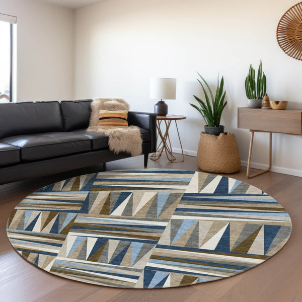 HomeRoots 8' Navy Blue Brown Ivory Geometric Round Rug – Washable, UV Protected, Durable for Homes with Kids & Pets 679441