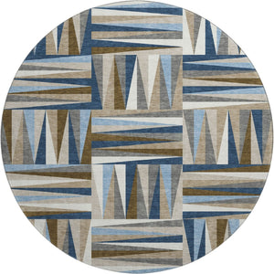 HomeRoots 8' Navy Blue Brown Ivory Geometric Round Rug – Washable, UV Protected, Durable for Homes with Kids & Pets 679441