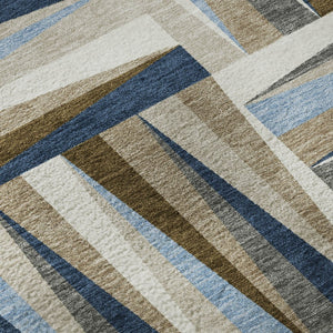 HomeRoots 8' Navy Blue Brown Ivory Geometric Round Rug – Washable, UV Protected, Durable for Homes with Kids & Pets 679441