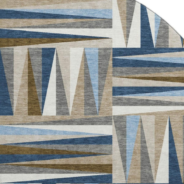 HomeRoots 8' Navy Blue Brown Ivory Geometric Round Rug – Washable, UV Protected, Durable for Homes with Kids & Pets 679441