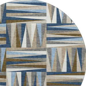 HomeRoots 8' Navy Blue Brown Ivory Geometric Round Rug – Washable, UV Protected, Durable for Homes with Kids & Pets 679441