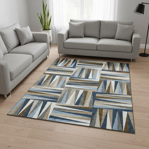 HomeRoots 8' X 10' Stylish Navy Blue Brown Ivory Geometric Washable Area Rug with UV Protection & Durability 679442
