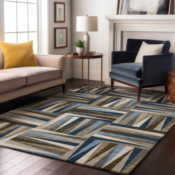 HomeRoots 8' X 10' Stylish Navy Blue Brown Ivory Geometric Washable Area Rug with UV Protection & Durability 679442