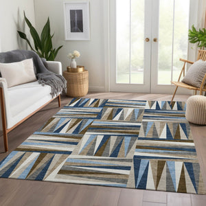 HomeRoots 8' X 10' Stylish Navy Blue Brown Ivory Geometric Washable Area Rug with UV Protection & Durability 679442