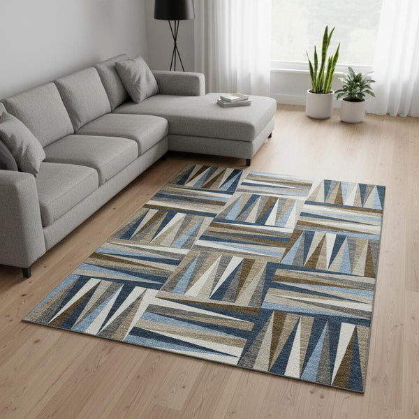HomeRoots 9' X 12' Navy Blue Brown Ivory Geometric Washable Area Rug - Durable, Stylish, UV Protected Design 679443