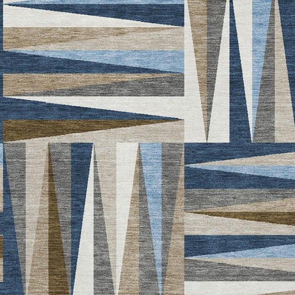 HomeRoots 9' X 12' Navy Blue Brown Ivory Geometric Washable Area Rug - Durable, Stylish, UV Protected Design 679443