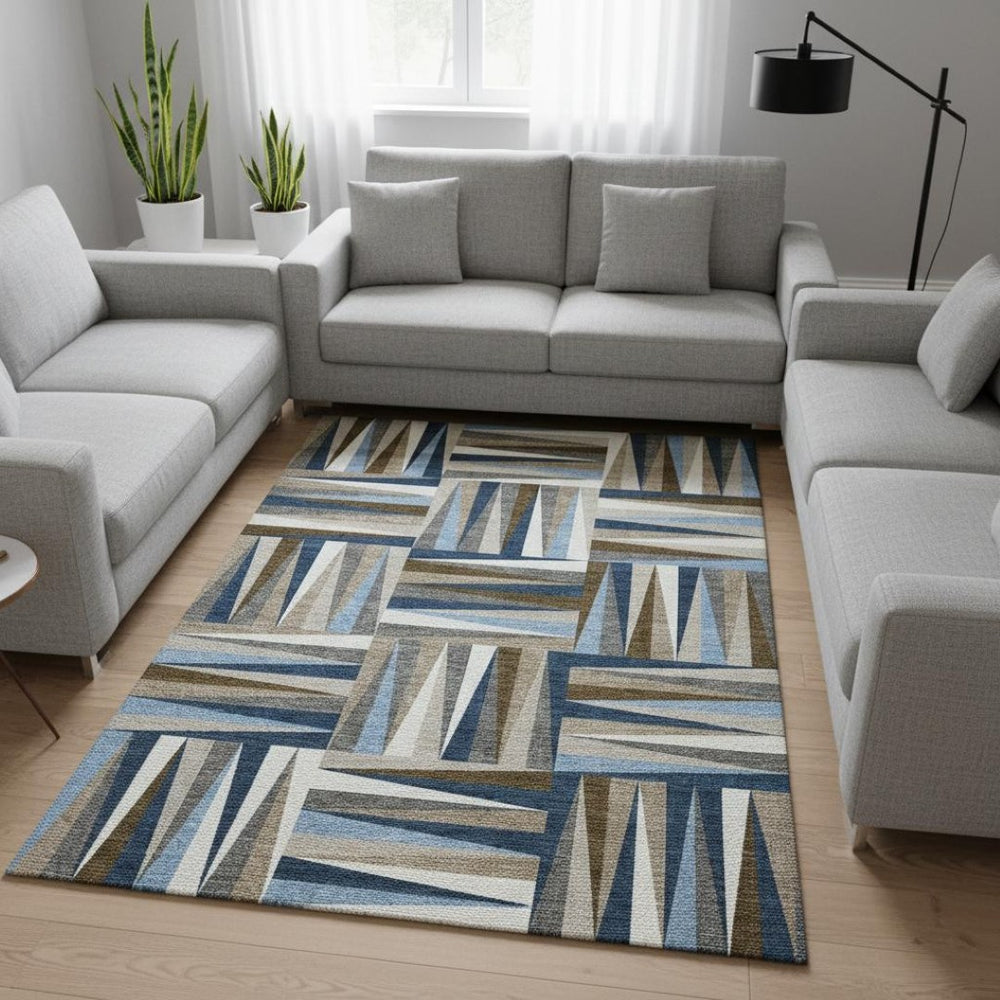 HomeRoots 10' Navy Blue, Brown & Ivory Geometric Washable Area Rug - Perfect for Family Spaces & UV Protected! 679444