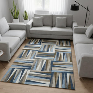 HomeRoots 10' Navy Blue, Brown & Ivory Geometric Washable Area Rug - Perfect for Family Spaces & UV Protected! 679444