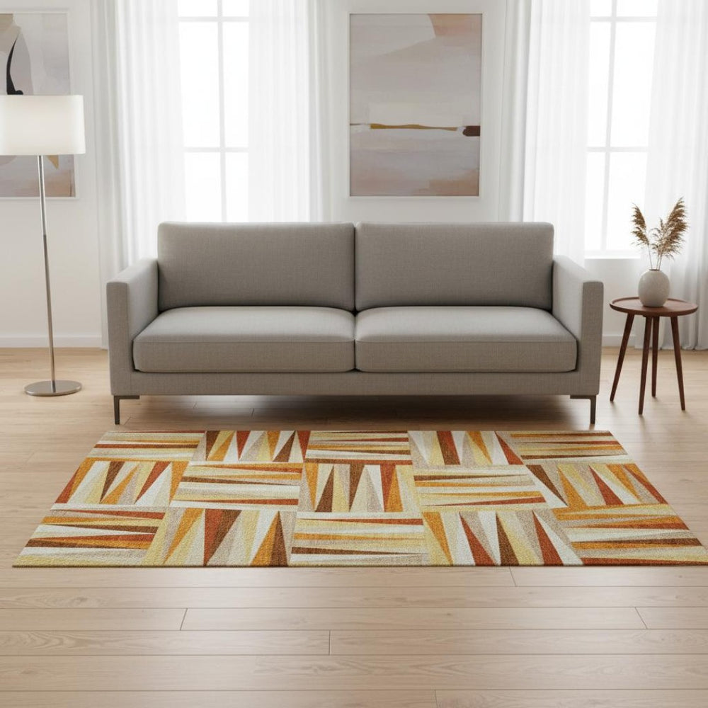 HomeRoots 5' X 8' Stylish Orange and Ivory Geometric Area Rug - Washable, Stain Resistant, UV Protected Design 679446