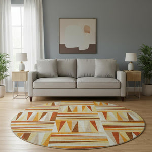 HomeRoots 8' Washable Round Rug in Vibrant Orange-Rust & Ivory Geometric Pattern – UV Protected & Durable Design 679447