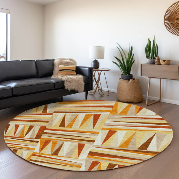 HomeRoots 8' Washable Round Rug in Vibrant Orange-Rust & Ivory Geometric Pattern – UV Protected & Durable Design 679447