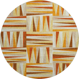 HomeRoots 8' Washable Round Rug in Vibrant Orange-Rust & Ivory Geometric Pattern – UV Protected & Durable Design 679447