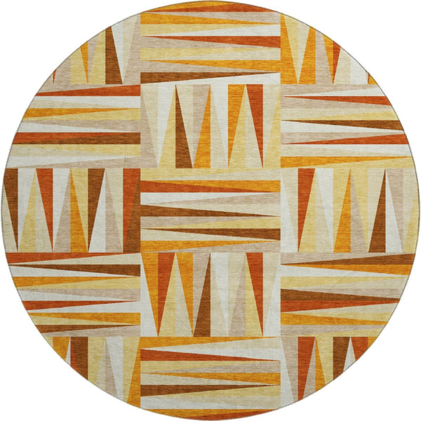HomeRoots 8' Washable Round Rug in Vibrant Orange-Rust & Ivory Geometric Pattern – UV Protected & Durable Design 679447