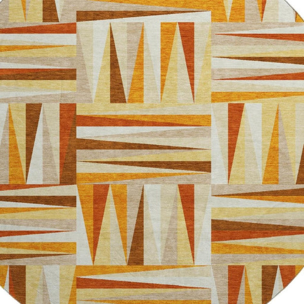 HomeRoots 8' Washable Round Rug in Vibrant Orange-Rust & Ivory Geometric Pattern – UV Protected & Durable Design 679447