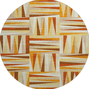 HomeRoots 8' Washable Round Rug in Vibrant Orange-Rust & Ivory Geometric Pattern – UV Protected & Durable Design 679447