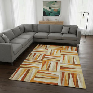 HomeRoots 9' X 12' Geometric Washable Area Rug in Vibrant Orange-Rust & Ivory with UV Protection for Homes 679449