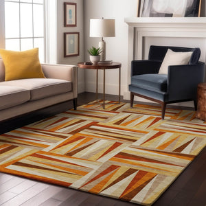 HomeRoots 9' X 12' Geometric Washable Area Rug in Vibrant Orange-Rust & Ivory with UV Protection for Homes 679449