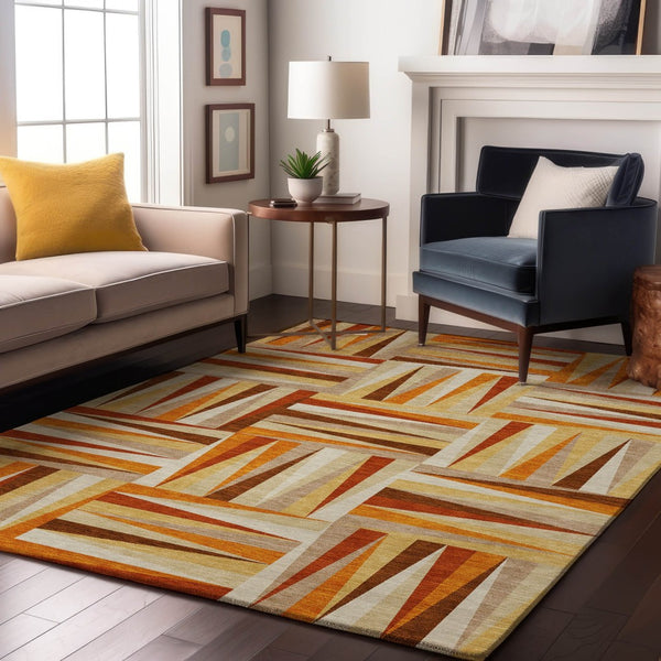HomeRoots 9' X 12' Geometric Washable Area Rug in Vibrant Orange-Rust & Ivory with UV Protection for Homes 679449