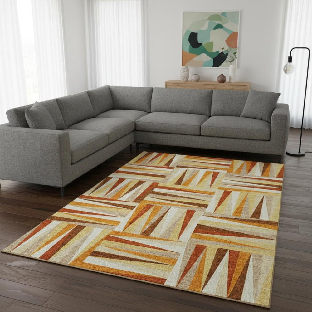 HomeRoots 10' Modern Orange Rust Geometric Washable Area Rug with UV Protection for Stylish Living Spaces 679450