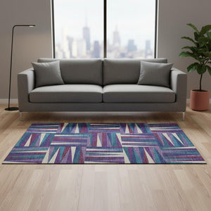 HomeRoots 5' X 8' Washable Purple, Ivory & Blue Geometric Area Rug - Stain Resistant, UV Protected, Stylish Design 679452