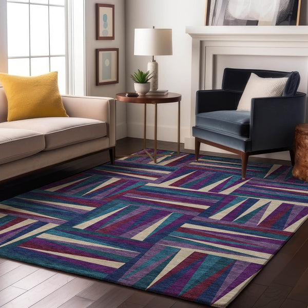 HomeRoots 5' X 8' Washable Purple, Ivory & Blue Geometric Area Rug - Stain Resistant, UV Protected, Stylish Design 679452