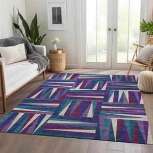 HomeRoots 5' X 8' Washable Purple, Ivory & Blue Geometric Area Rug - Stain Resistant, UV Protected, Stylish Design 679452
