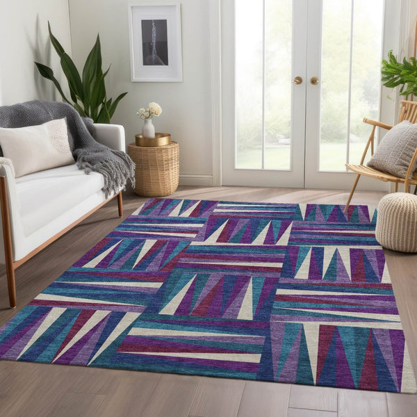 HomeRoots 5' X 8' Washable Purple, Ivory & Blue Geometric Area Rug - Stain Resistant, UV Protected, Stylish Design 679452