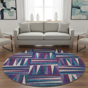 HomeRoots 8' Modern Geometric Round Rug in Purple, Ivory & Blue – Washable, UV Protected, Durable Design 679453
