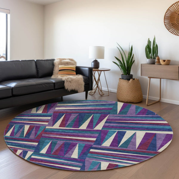 HomeRoots 8' Modern Geometric Round Rug in Purple, Ivory & Blue – Washable, UV Protected, Durable Design 679453