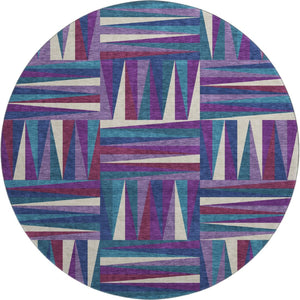 HomeRoots 8' Modern Geometric Round Rug in Purple, Ivory & Blue – Washable, UV Protected, Durable Design 679453