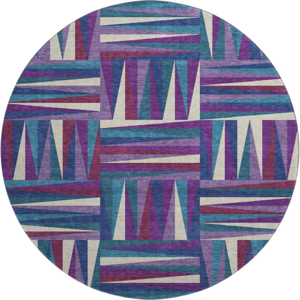 HomeRoots 8' Modern Geometric Round Rug in Purple, Ivory & Blue – Washable, UV Protected, Durable Design 679453