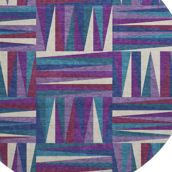 HomeRoots 8' Modern Geometric Round Rug in Purple, Ivory & Blue – Washable, UV Protected, Durable Design 679453