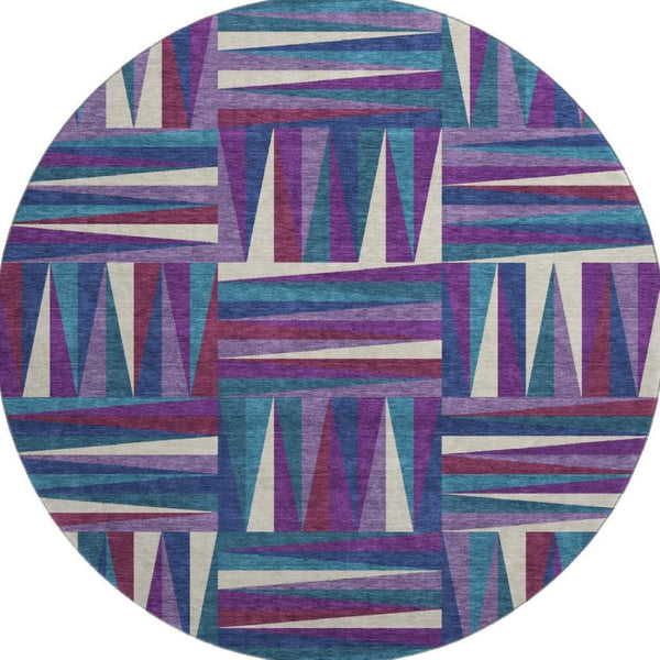 HomeRoots 8' Modern Geometric Round Rug in Purple, Ivory & Blue – Washable, UV Protected, Durable Design 679453