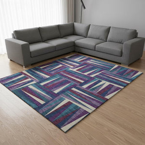 HomeRoots 8' X 10' Stylish Purple Ivory Blue Geometric Area Rug - Washable, UV Protected for High Traffic Areas 679454
